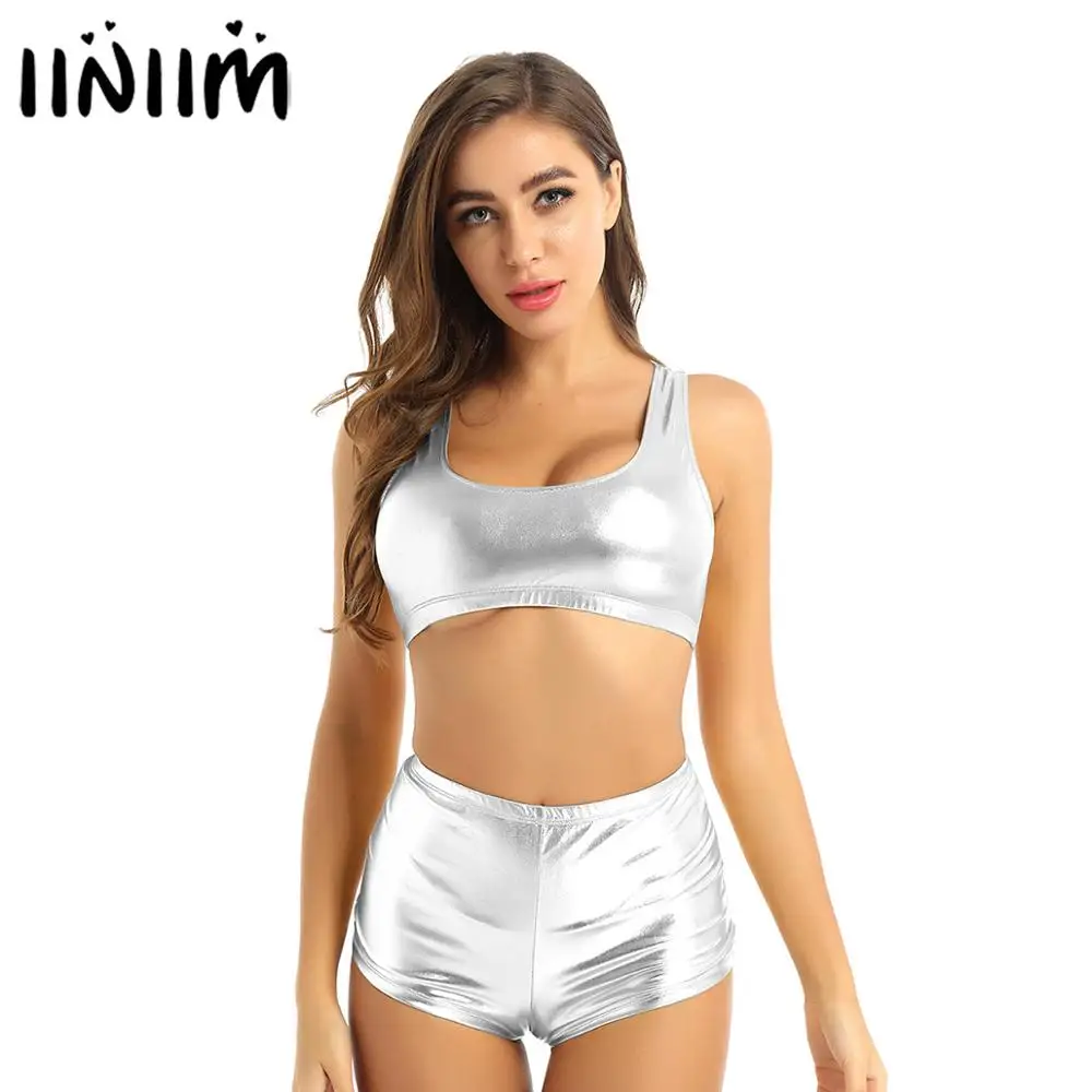 

iiniim Womens Femme Shiny Metallic Latex Pole Club Dance Costumes Gymnastics Fitness Racer Back Vest Crop Top with Hot Shorts