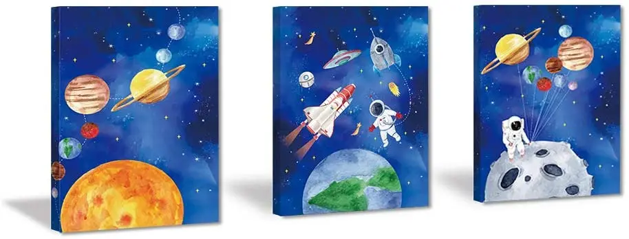 

Universe Theme Canvas Painting,outer Space Art Cartoon Watercolor Set Of 3 Pieces , Can Decorate Home Or Office Walls
