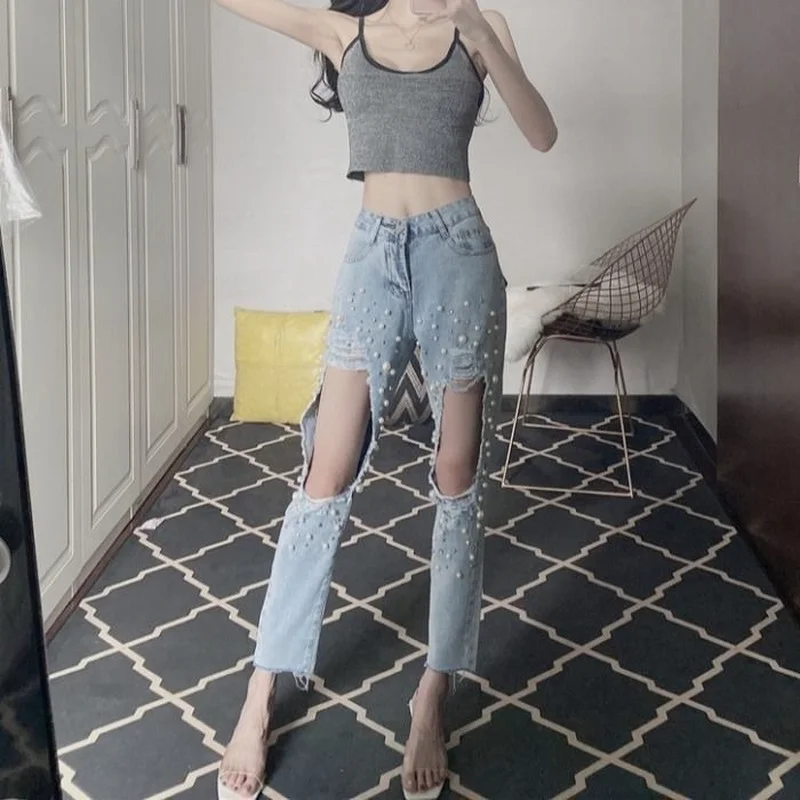 

Donsignet New Fashion Temperament Jeans Feminino Kneeless Jeans for Woman Jeans with Pearls Damage Jeans for Woman