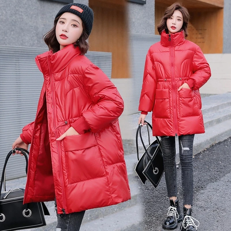 

Solid Long Winter Jacket Women Wide Loose Glossy Windproof Down Cotton Jacket Stand Callor Zipper Oversize Parkas Outwear Coat