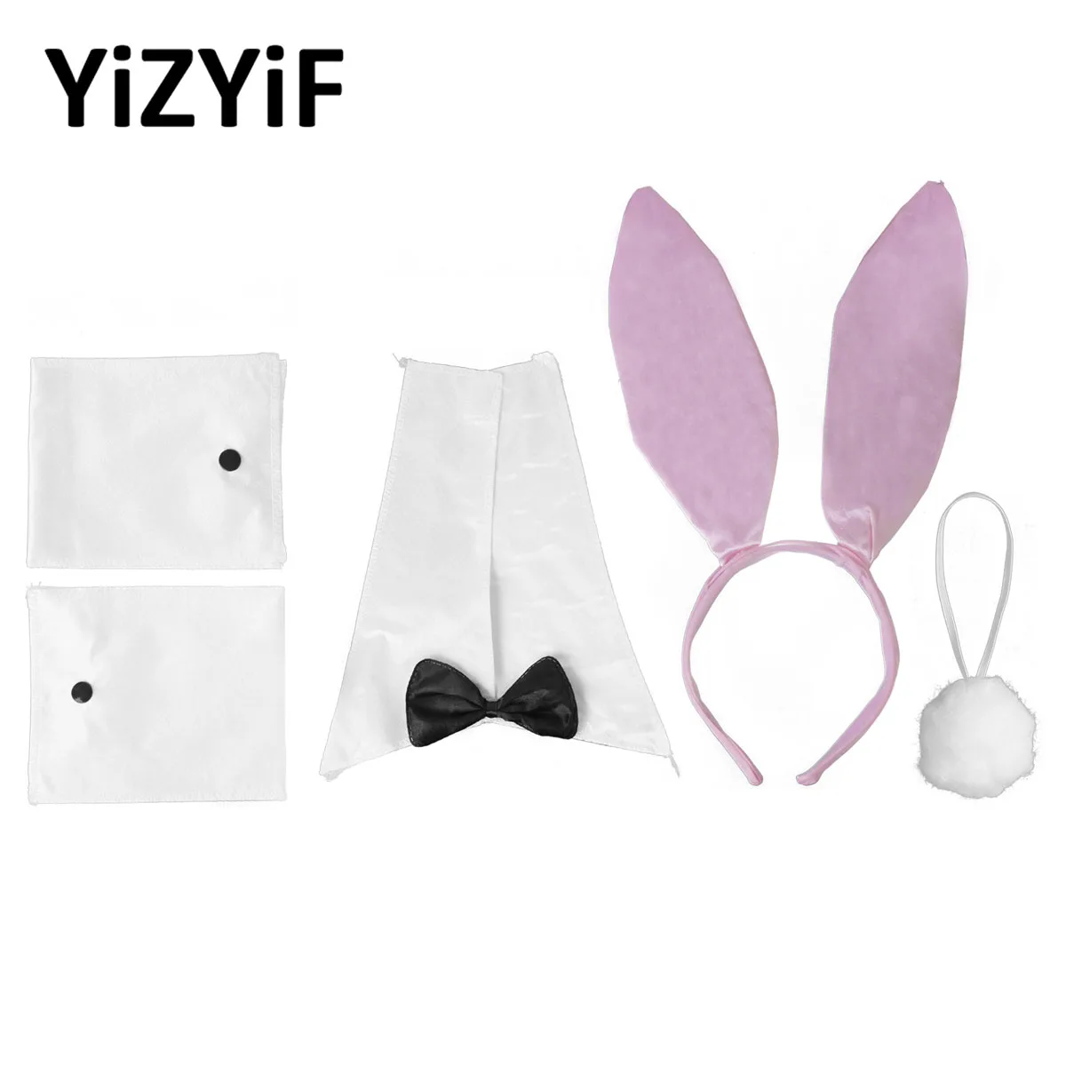 

Pink Bunny Accessory Set Rabbit Ear Headband Bow Tie Cuffs Tail for Costume Party