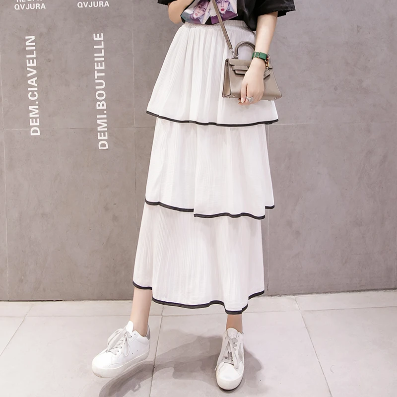 Женская длинная юбка с высокой эластичной талией однотонная Свободная шифоновая