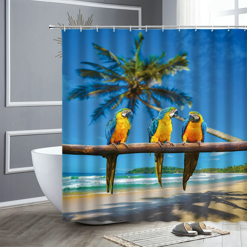 

Waterproof Fabric Shower Curtain Parrot Ocean Tropical Plants Natural Landscape Bathroom Curtains Home Bathtub Decor Bath Screen