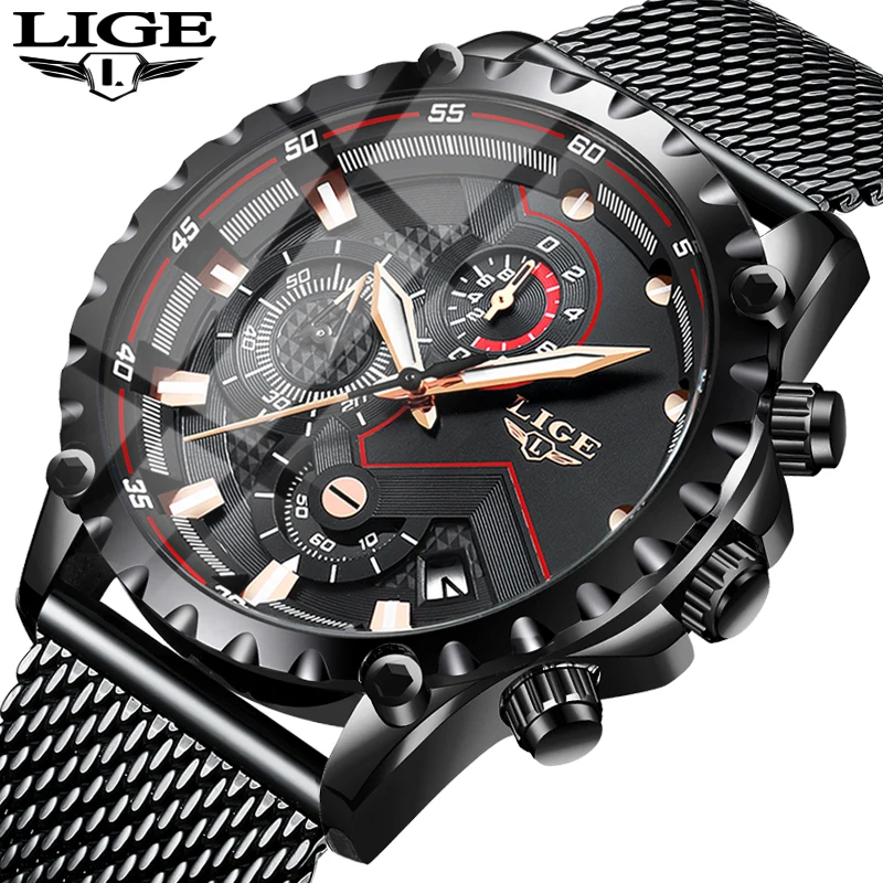 

2022 New LIGE Black Casual Mesh Belt Fashion Quartz Gold Watch Mens Watches Top Brand Luxury Waterproof Clock Relogio Masculino