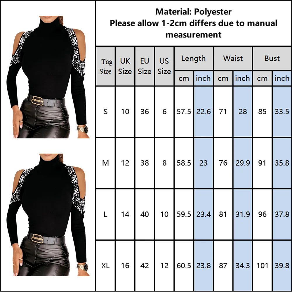 

Knitted Turtleneck Blouse Tops Women Sexy Off Shoulder Hot Drilling Knit Shirt Solid Black Long Sleeve Slim Tee Shirt Winter D30