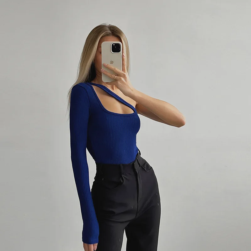 

Casual Solid Irregular Minimalist Bodysuits Women Knitted Hollow Out Street Style One Pieces Hipster Sheath One-Shoulder Wear