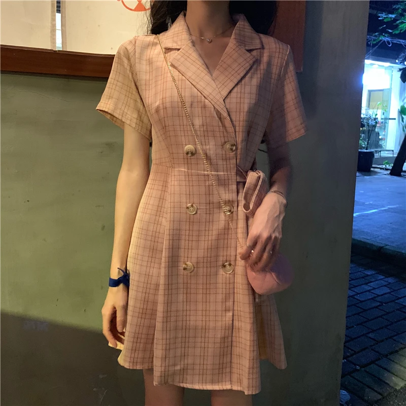 

Sweet Girl Plaid Suit Dress Women Summer Lace Up High Waist Slim Waist Short Sleeve Dresses Cottagecore Elegant Streetwear New