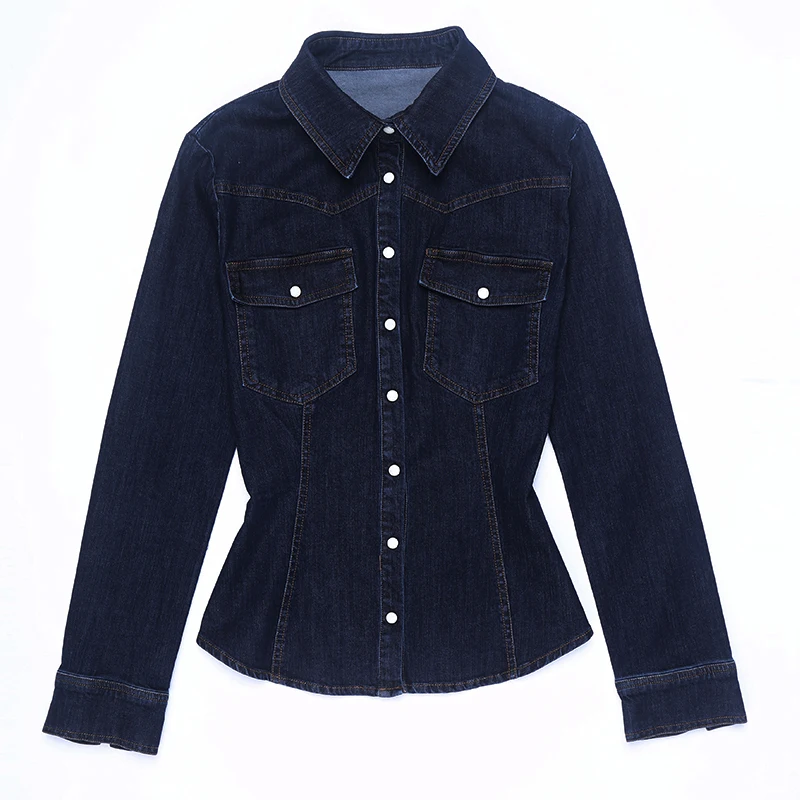 

COIGARSAM Office Lady Shirt Womens tops New Spring Women shirts Dark Blue 947