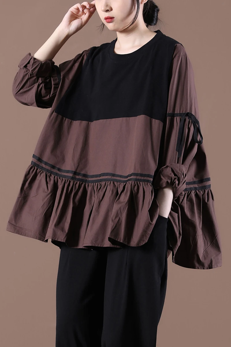 

SuperAen Spring 2021 New Loose Plus Size Patchwork Pleated O Neck Full Sweatshirt Women