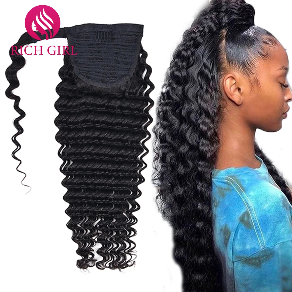 Deep Wave Wrap Around Clip In Ponytail Human Hair Brazilian Raw Hair Ponytail For Black Women Virgin Pony Tail Hair Extensions