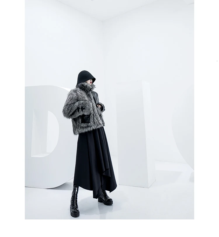 [DEAT]Loose Fit Leather Spliced Hit Color Warm Woolen Coat Parkas New Lapel Long Sleeve Women Fashion Autumn Winter 13E858