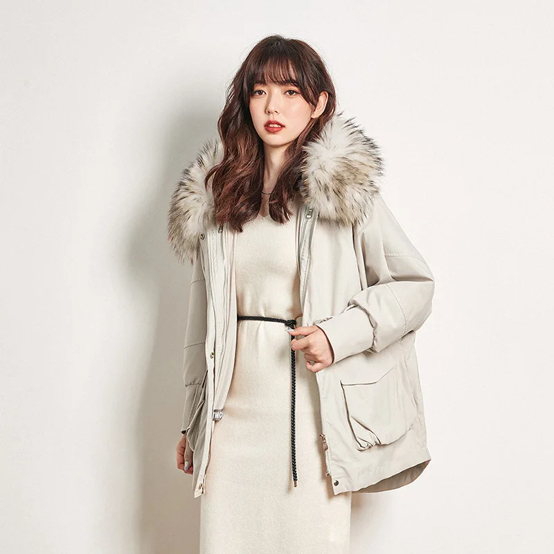 

Fashion Winter Women Rex Rabbit Liner Raccoon Dog Fur Hair Collar Hooded Warm Soft Thick Short Parkas Overcoats With Big Pockets