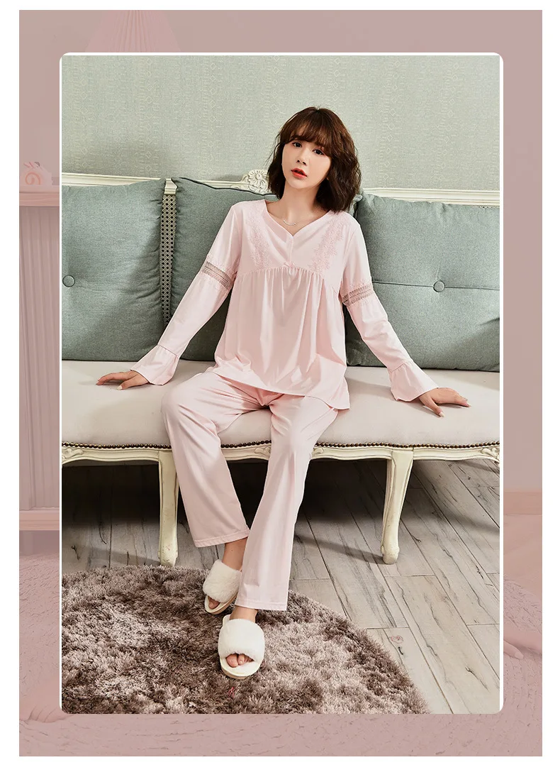 

Spring and Summer 2021 New Solid Color Pajamas Women's Korean Sweet V-neck Two Piece Suit Long Sleeve Women's Home Wear