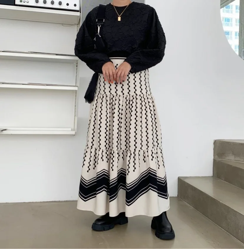 

GTGYFF Fashion Ladies Women's Skirt Stretchy High Waist Midi A Line Striped Polka Dot Womens Skirts White Black Khaki Vintage
