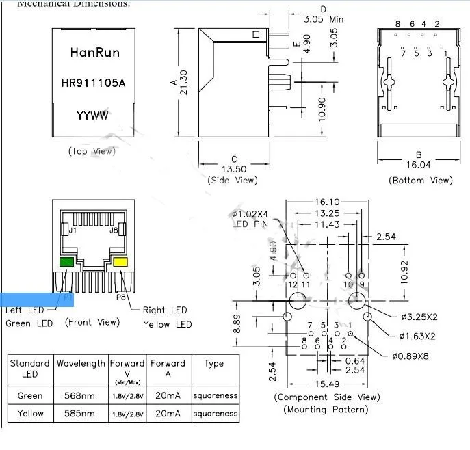 

50PCS/Lot HR911105A RJ45 LIGHT Network seat Single Port RJ45 Connector with LED light network filter