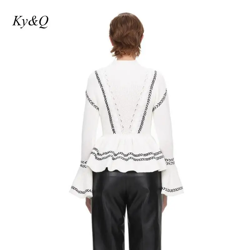 Runway Brand Designer 2019 Winter Striped Color Matching Ruffled Hem Sweater Women Flare Sleeve Luxury Christmas White Pullover | Женская
