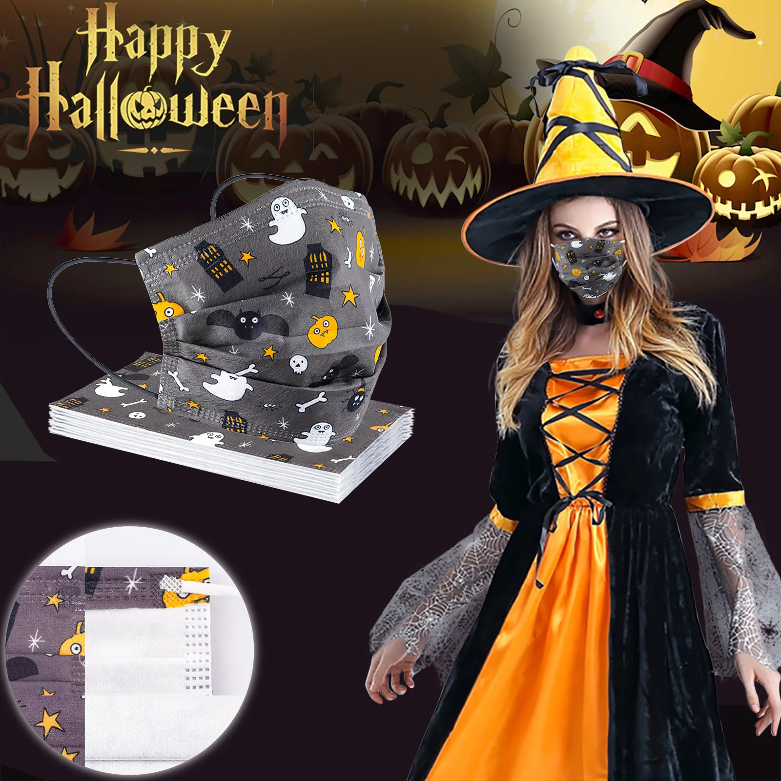 

Маска для косплея, 20 шт., Маска для Хэллоуина для взрослых, одноразовая Маска для лица, 3-слойная Маска для лица с петлями для ушей, быстрая дос...