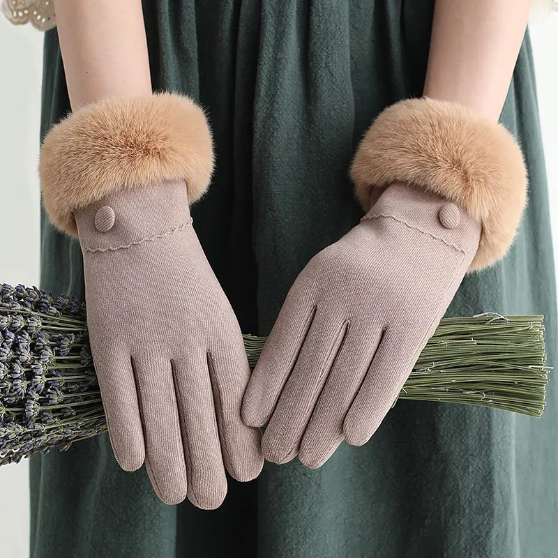 

Thicken Warm Mittens Outdoor Cycling Winter Gloves Full Finger Faux Fur Touch Screen Plus Velvet Inside Driving Gloves