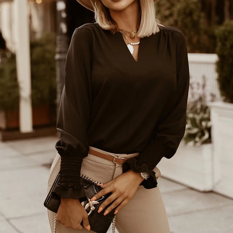

Womens Tops And Blouses Loose V-neck Long Sleeve Elegant Office Ladies Shirts Casual Plus Size White Blouse