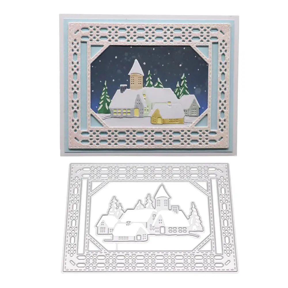 

Christmas Castle Cutting Dies Tree Frame Stencil Metal Cut Die Building Scrapbook Paper Craft Knife Mould Wedding Decorative