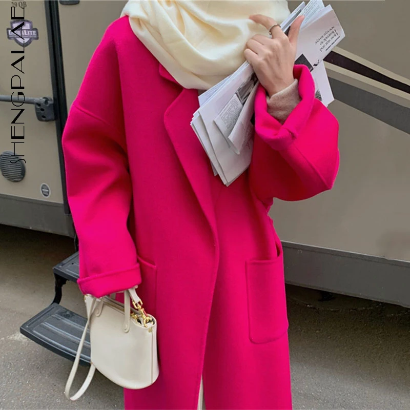 

SHENGPALAE модное Однотонное шерстяное пальто для женщин на зиму 2021 Новое Свободное пальто с отворотом на шнуровке и с длинным рукавом 5E6822