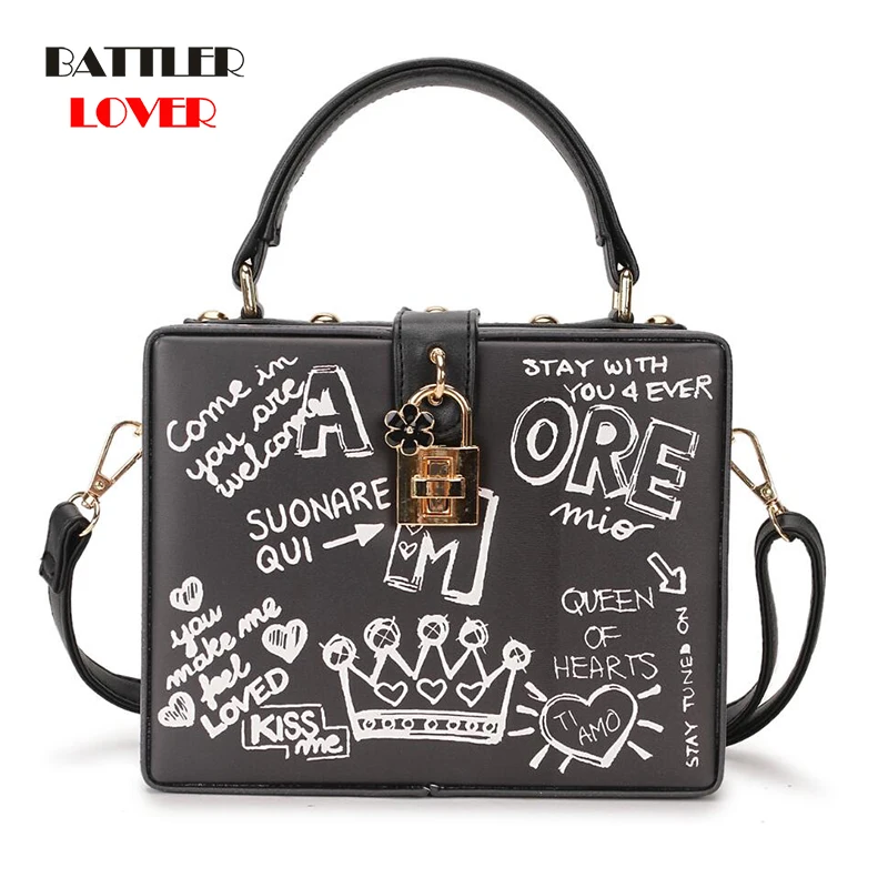 

Fashion Black & White Graffiti Cartoon Pattern Box Style Pu Leather Ladies Party Handbag Shoulder Bag Crossbody Messenger 2020