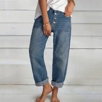 casual women jean pants all match simple high waist button boyfriend wide leg pant 2021 vintage loose straight denim trousers