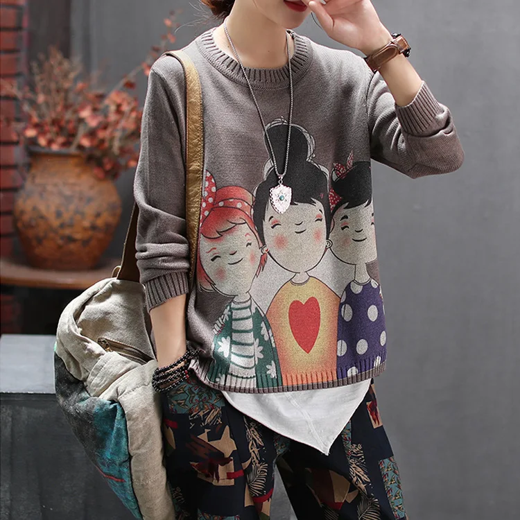 Осенне-зимний свитер Ретро стиль женские вязаные топы трикотаж свободные