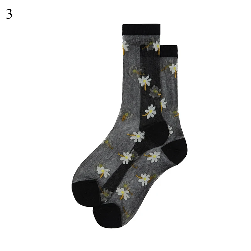 

Women Summer Transparent Glass Silk Socks Elasticity Ankle Net Yarn Thin Girls Fashion Socks With Daisy Flower Patterns