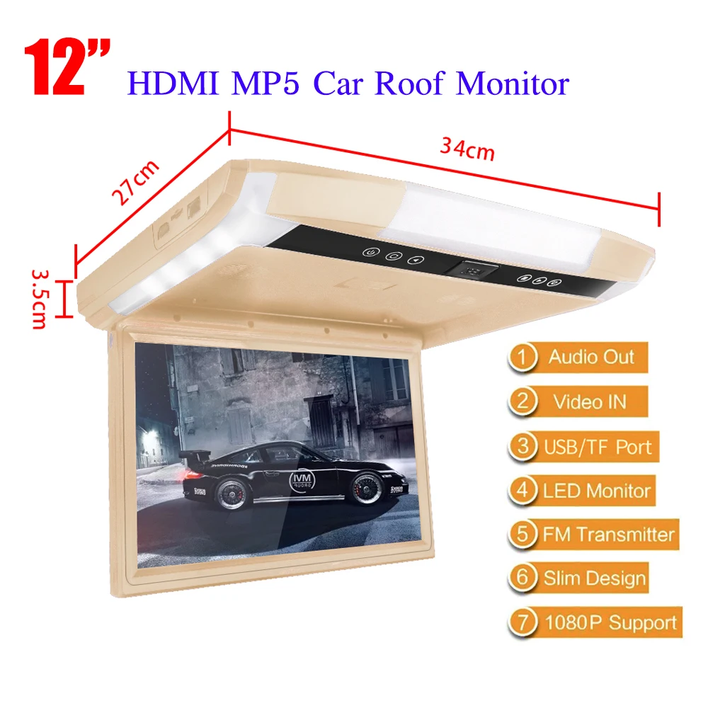 Автомобильный монитор 12 1/10 4 &quotTFT LCD 1080P с креплением на крышу автомобильный MP5