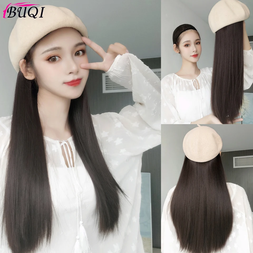 Длинный прямой волнистый парик BUQI с шляпой черный коричневый и шляпа натуральные