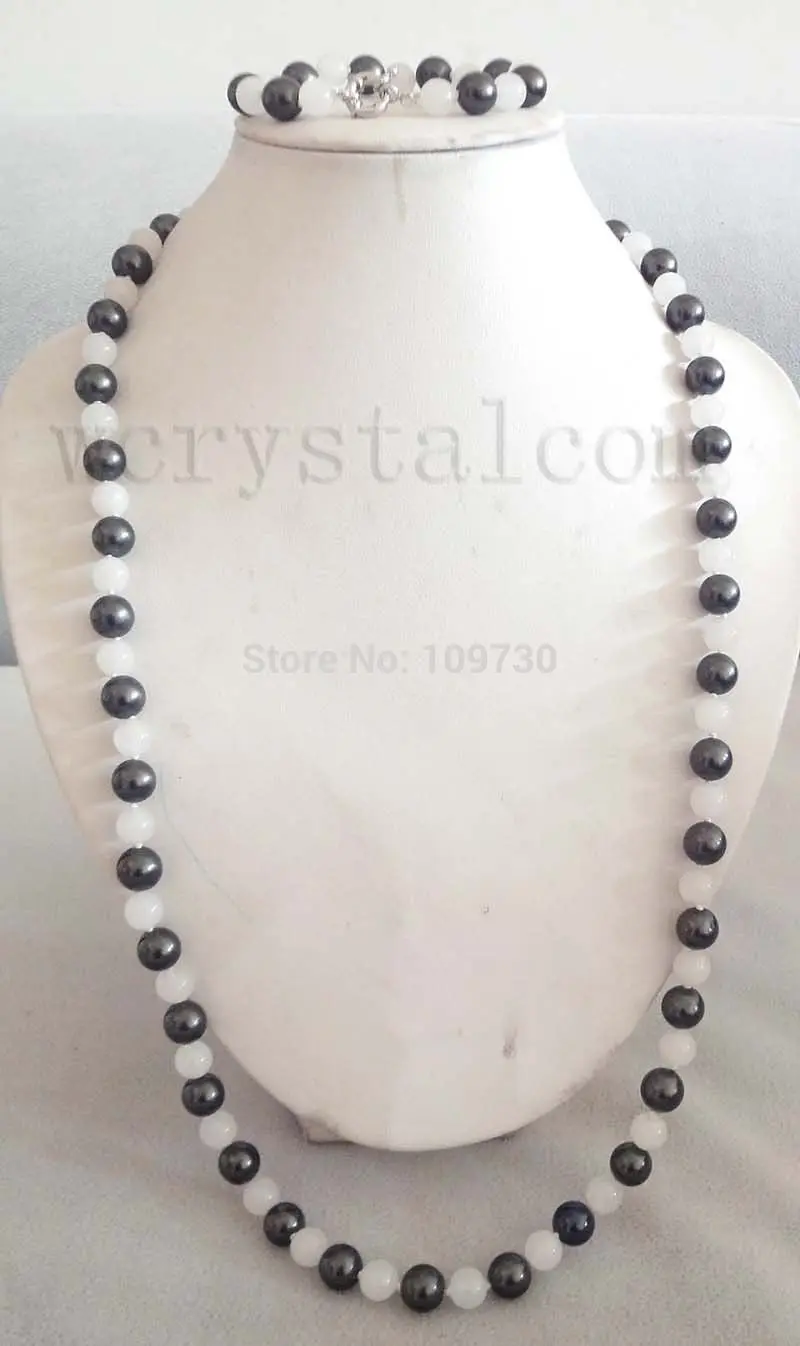 Jewelry 00714 black mother of pearl 10mm white stone necklace bracelet set (A0423) | Украшения и аксессуары