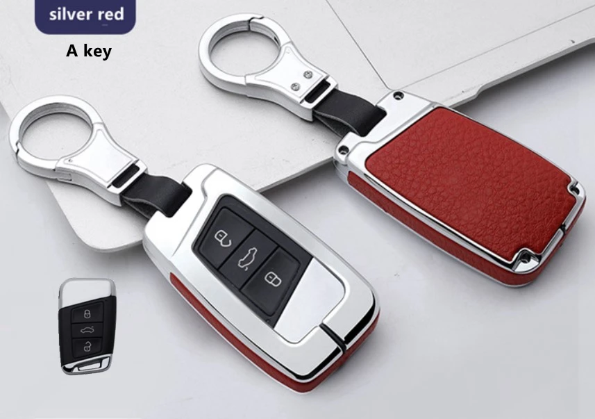 A key silver red Высококачественный автомобильный кожаный и металлический чехол для ключей, брелок для Volkswagen Tiguan MK2 CC Passat B8 для Skoda A7 Octavia Superb - Название цвета: A key silver red