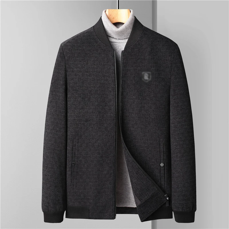 

Men Winter Quilted Bomber Jacket Black Gray Thicken Warm Thermal Woolen Coat Rib-Knit Cuff Round Collar Zipper Front Outerwear
