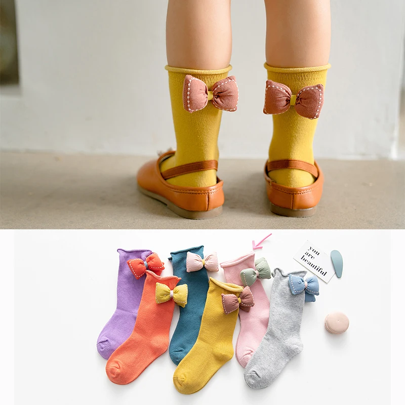 

2020 Spring Autumn New Children's Socks Solid Color Cotton Bow Accessories Socks Solid Baby Girls Kids Wild Cute Tube Socks