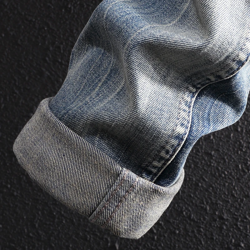 Street Style Fashion Men Jeans Retro Blue Slim Fit Destroyed Hole Ripped Jeans Men Patchwork Vintage Designer Casual Denim Pants