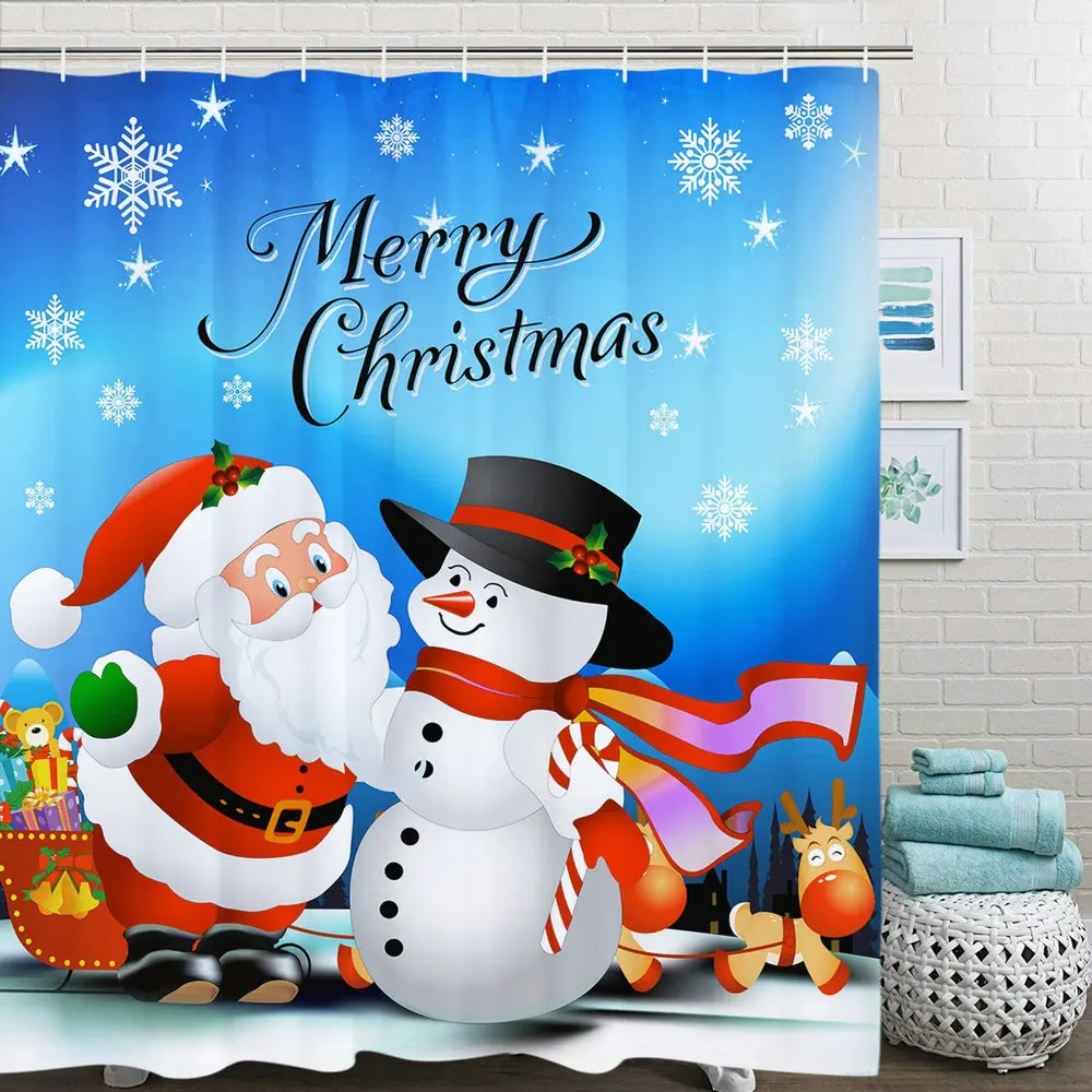 

Рождественская занавеска для душа с мультяшным рисунком для детей, ванной, Санта-Клауса, снеговика, смешные рождественские водонепроницаемые занавески с крючками