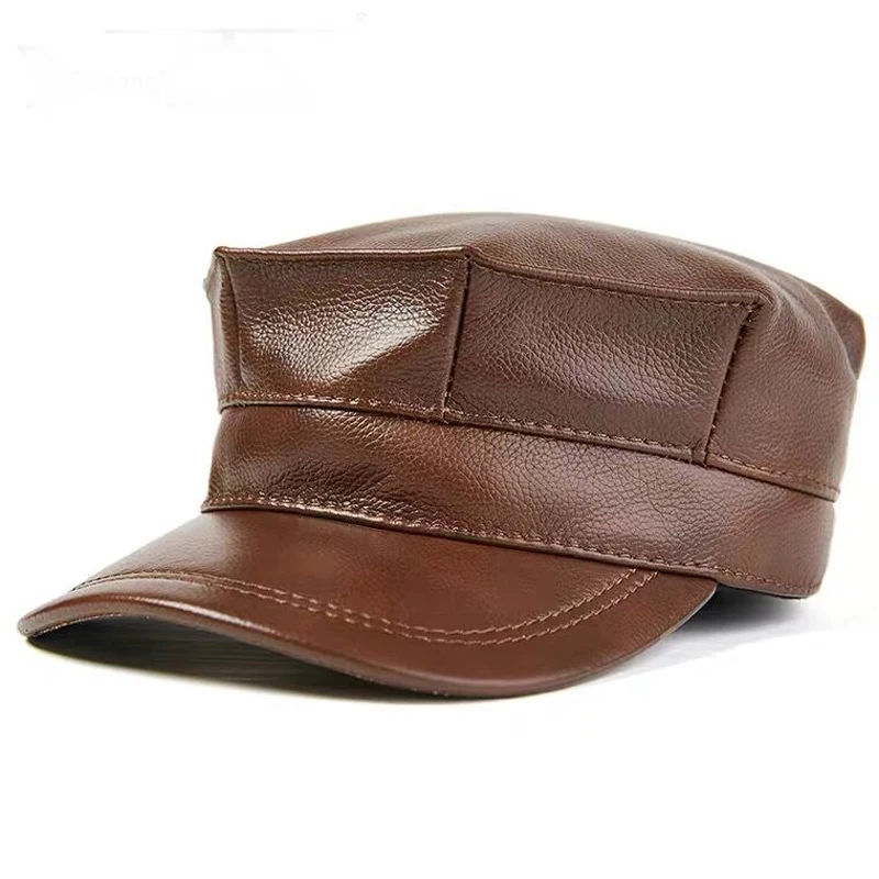 

New 2021 wholesale Winter Thermal Genuine Leather Hats Woman Cap Cadet Cap Man Military hat Cowhide Leather Cap