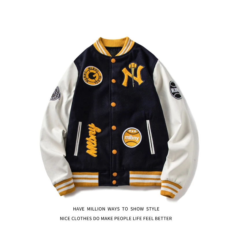 

MLBNY Spring&Autumn Full Embroidery Baseball Jacket Women's Woolen Coat Leather Sleeve Men's Uniform Unisex Boyfriend Style
