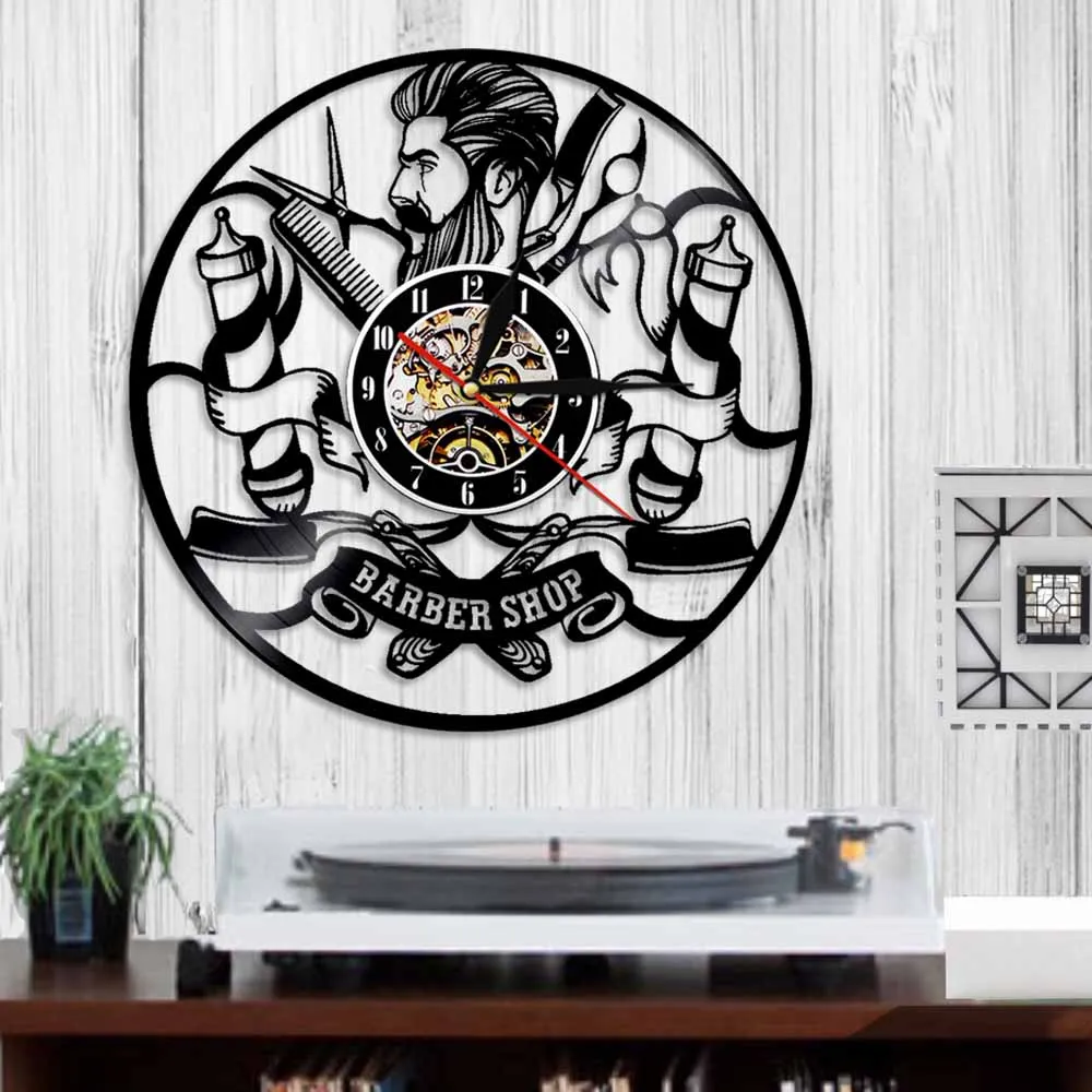 Парикмахер силуэт барбершоп салон виниловые часы записи ручной работы настенные