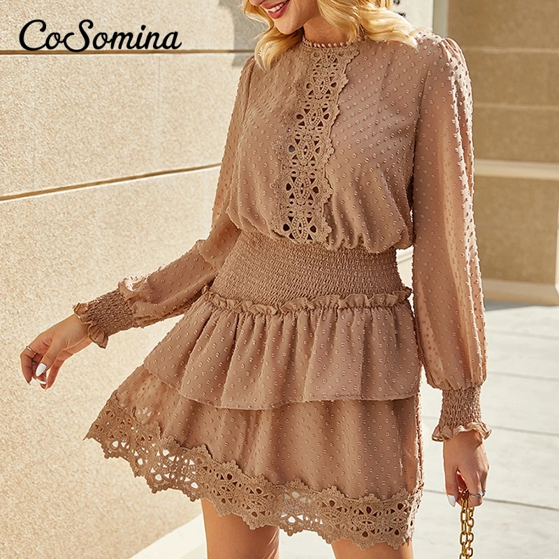 

CoSomina Autumn 2021 embroidery lace dress Elegant ruffle elastic waist women dress Polka dot ladies short dress female vestido