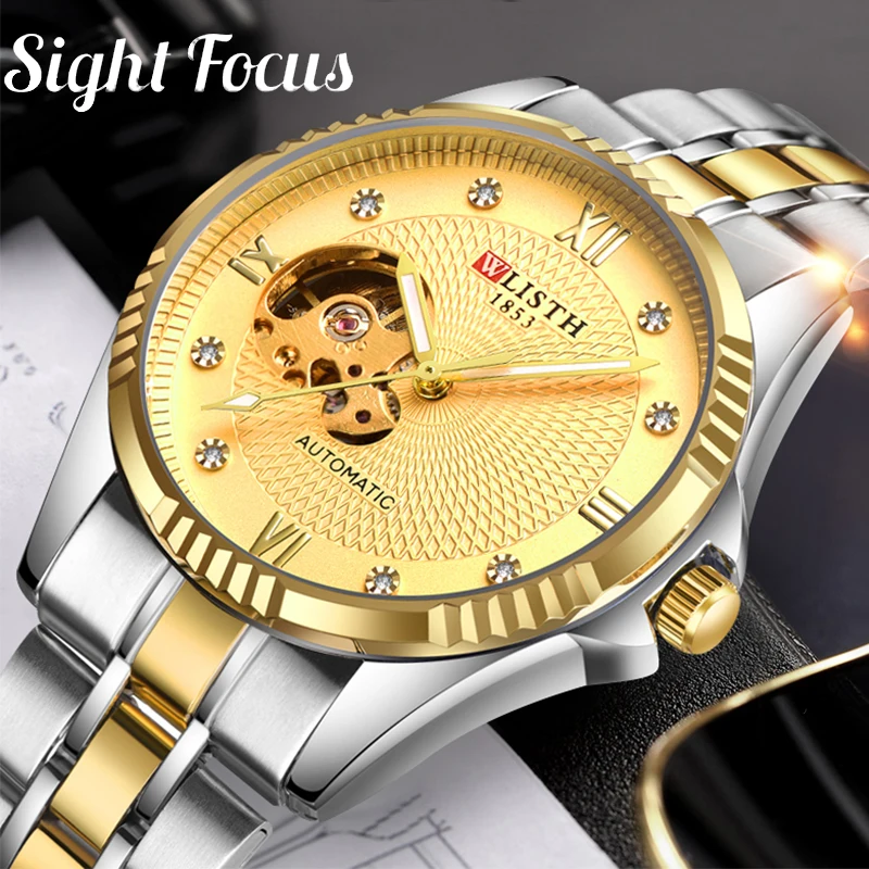 Наручные часы мужские механические водонепроницаемые с золотистым браслетом из