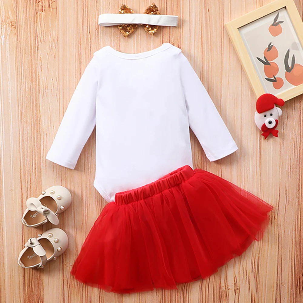 

Christmas Newborn Baby Girls Clothes Cotton Santa Claus Letter Long Sleeve Romper Skirt Headband 3 Pieces Baby Set for Girls