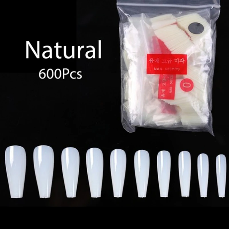 

600pcs/Bag Ballerina Nail Art Tips Long Coffin Fake Nails Art Tips Flat Shape Full Cover Manicure False Nail Tips