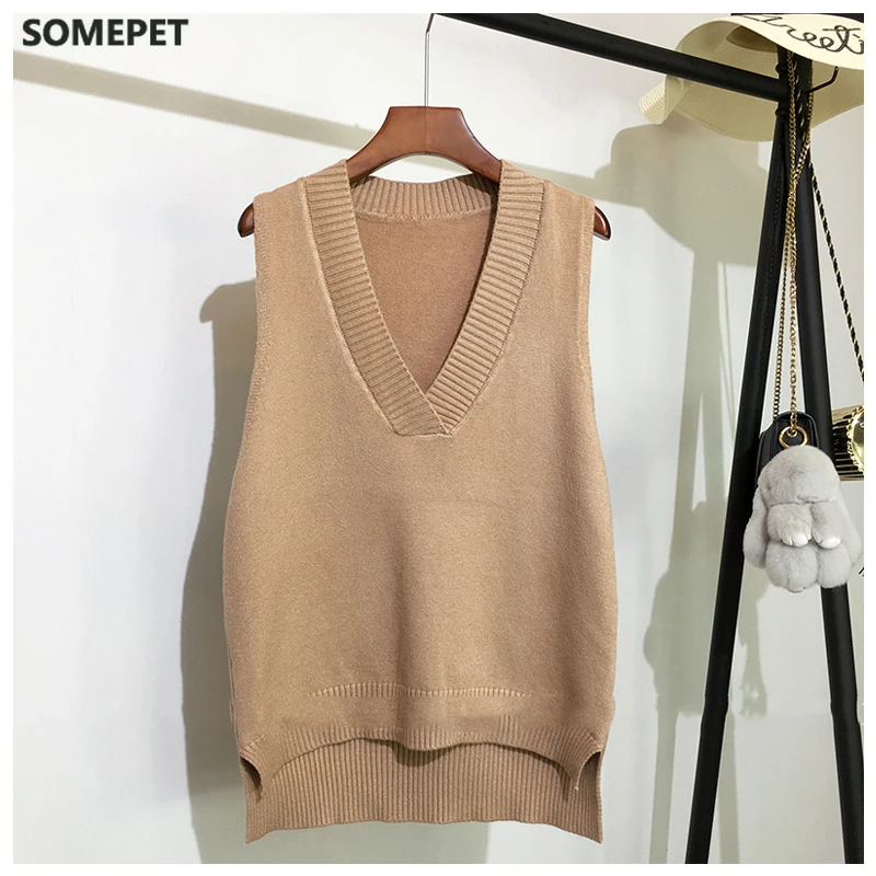 

Knitwear Sweater Vest Women Sleeveless V-neck Soild Autumn And Winter New Korean Loose Wild Casual Pink Knitted Women's Jumper
