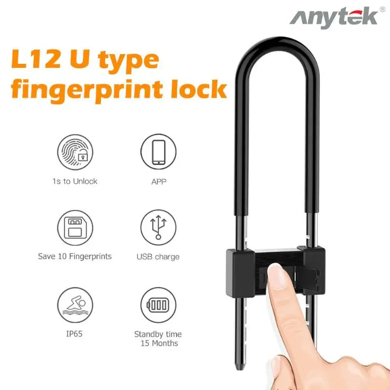 Anytek L12 Смарт отпечатков пальцев U замок USB Перезаряжаемый IP65 Водонепроницаемый