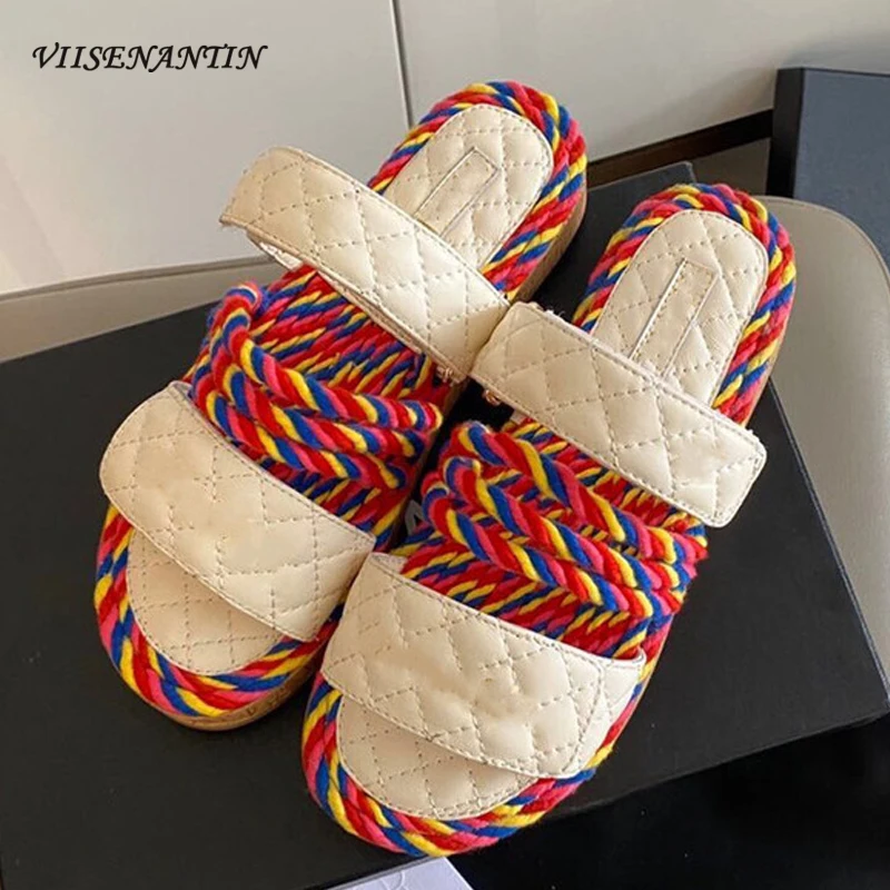 

New Hemp Rope Braided Velcro Slippers Summer Diamond Plaid Flat Open Toe Leather Roman Sandals and Slippers