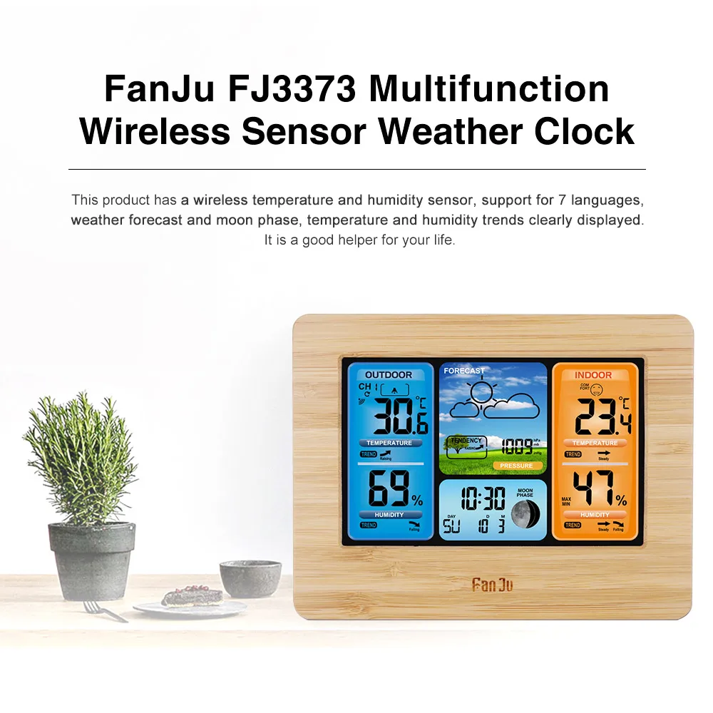 Цифровая метеостанция FanJu FJ3373 домашняя уличная с ЖК дисплеем и будильником