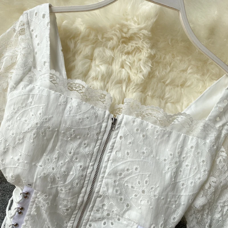 Новинка 2020 Женская шикарная супер милая кружевная блузка с пышными рукавами и