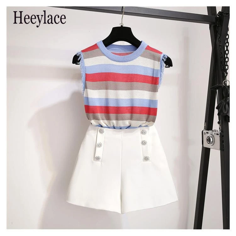 Женский вязаный Топ на бретелях и шорты сексуальный полосатый жилет
